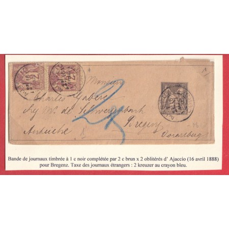 BANDE DE JOURNAL ENTIER 1C SAGE + 85 X2 AJACCIO CORSE TAXE 2 KREUZER AU CRAYON BREGENZ AUTRICHE 1888