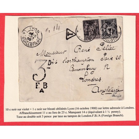 N°89 83 TYPE SAGE LYON LA GUILLOTIERE 1900 TAXE 3 PENCE LONDRES LONDON GRANDE BRETAGNE