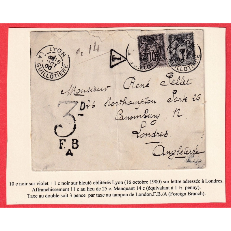 N°89 83 TYPE SAGE LYON LA GUILLOTIERE 1900 TAXE 3 PENCE LONDRES LONDON GRANDE BRETAGNE