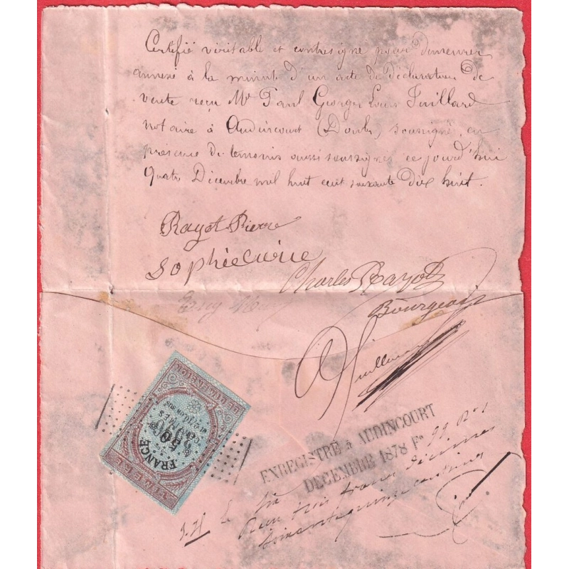 1869 LOUISVILLE VIA NEW YORK USA TIMBRE FISCAL DANS TEXTE POUR AUDINCOURT DOUBS