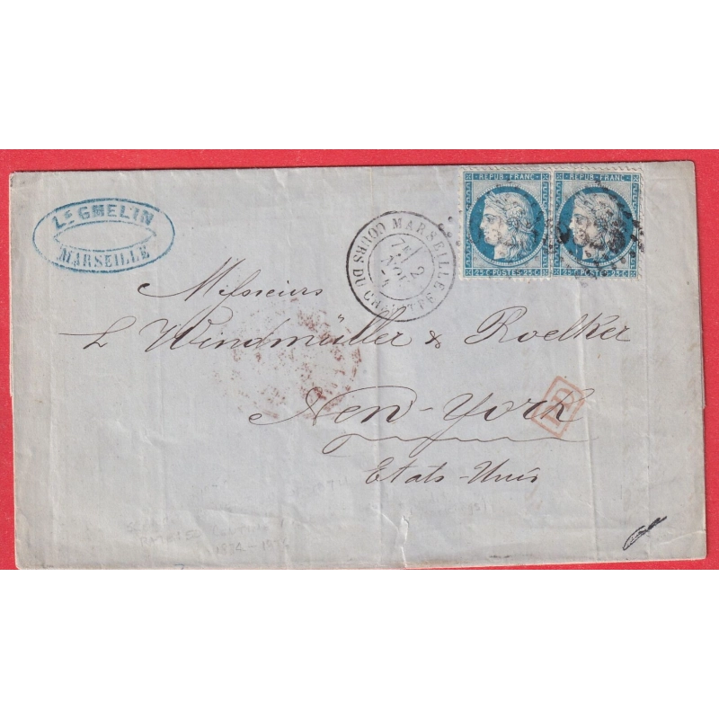 N°60 PAIRE MARSEILLE COURS DU CHAPITRE 1874 NEW YORK USA
