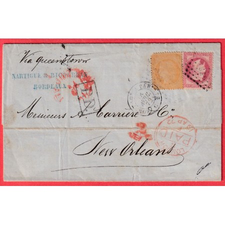 N°32 38 AMBULANT BORDEAUX A PARIS 1872 TEXTE DE BORDEAUX GIRONDE NEW ORLEANS USA ETATS UNIS