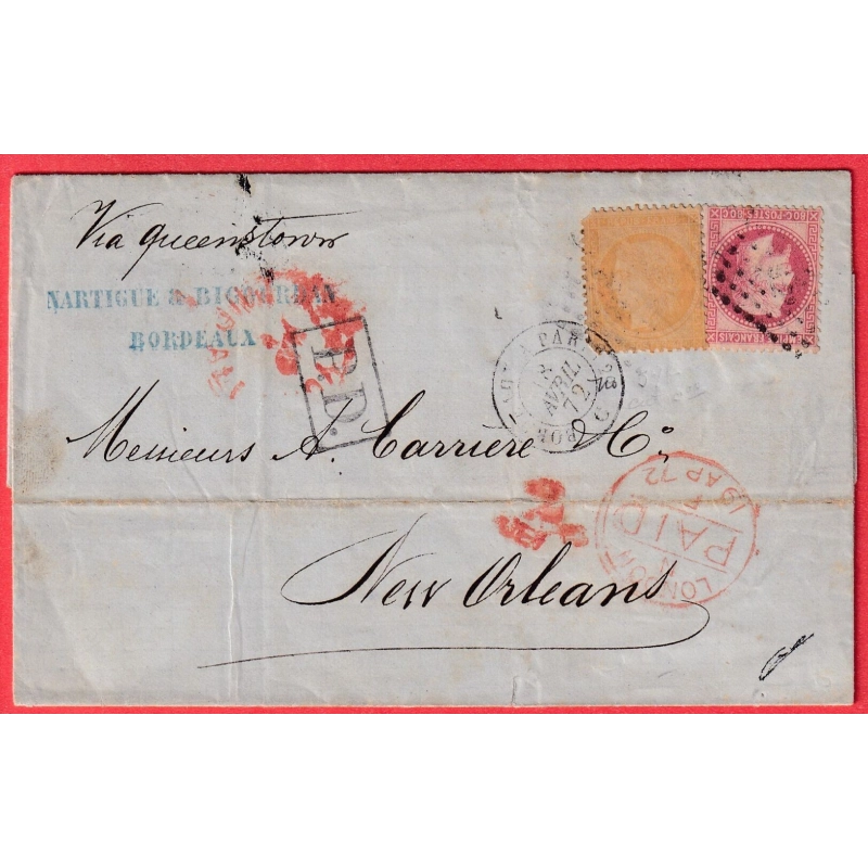 N°32 38 AMBULANT BORDEAUX A PARIS 1872 TEXTE DE BORDEAUX GIRONDE NEW ORLEANS USA ETATS UNIS