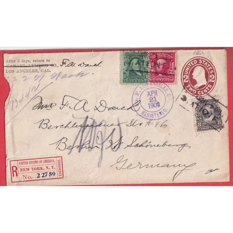 ENTIER 2 CENTS ROUGE + N°144 145 150 LOS ANGLES CALIFORNIE RECOMMANDE A NEW YORK POUR BERLIN ALLEMAGNE