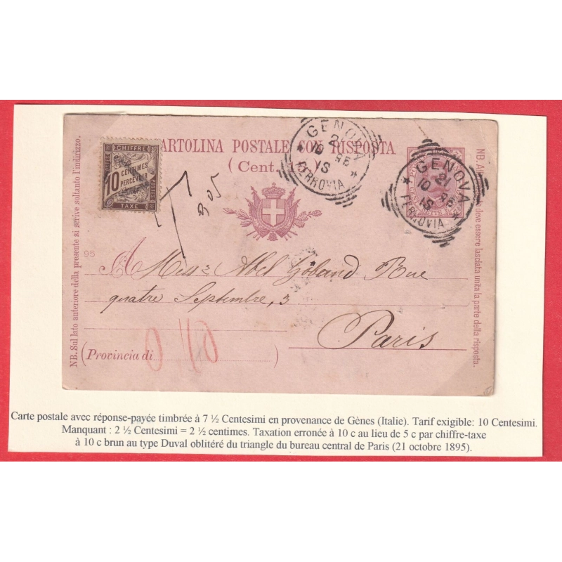 ITALIE ENTIER 7 1/2 CENTISIMI GENOVA FERROVIA 1895 TAXE 10C DUVAL  PARIS