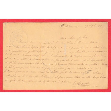 ENTIER BELGIQUE 1897 DINANT CONVOYEUR LIGNE GIVET A CHARLEVILLE TAXE 10C DUVAL NOGENT SUR MARNE SEINE