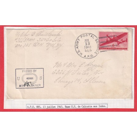 WW2 BASE US CALCUTTA INDE INDIA 1945 APO 885 POUR CHICAGO ILLINOIS