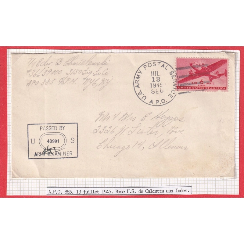 WW2 BASE US CALCUTTA INDE INDIA 1945 APO 885 POUR CHICAGO ILLINOIS