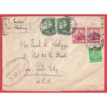 NURNBERG ALLEMAGNE 1938 SS EUROPE VIA CHERBOURG NEW YORK CITY USA US CUSTOMS FREE OF DUTY CENSURE CENSOR