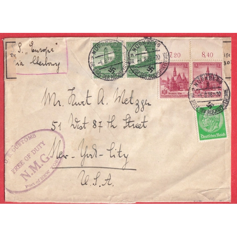 NURNBERG ALLEMAGNE 1938 SS EUROPE VIA CHERBOURG NEW YORK CITY USA US CUSTOMS FREE OF DUTY CENSURE CENSOR