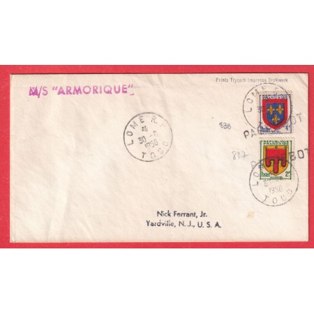 BLASON N°837 838 GRIFFE PAQUEBOT M/S ARMORIQUE LOME TOGO 1956 YARDVILLE USA