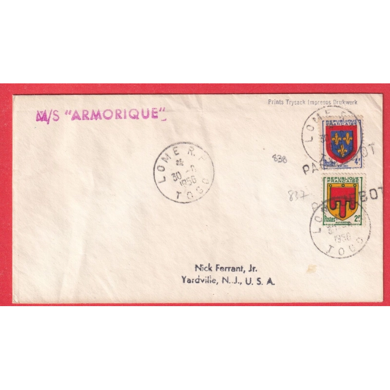 BLASON N°837 838 GRIFFE PAQUEBOT M/S ARMORIQUE LOME TOGO 1956 YARDVILLE USA