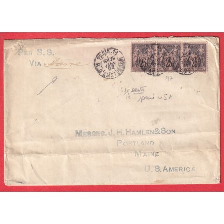 N°97 BANDE DE 3 PARIS 18 R D'AMSTERDAM 1892 TRIPLE PORT PORTLAND MAINE USA
