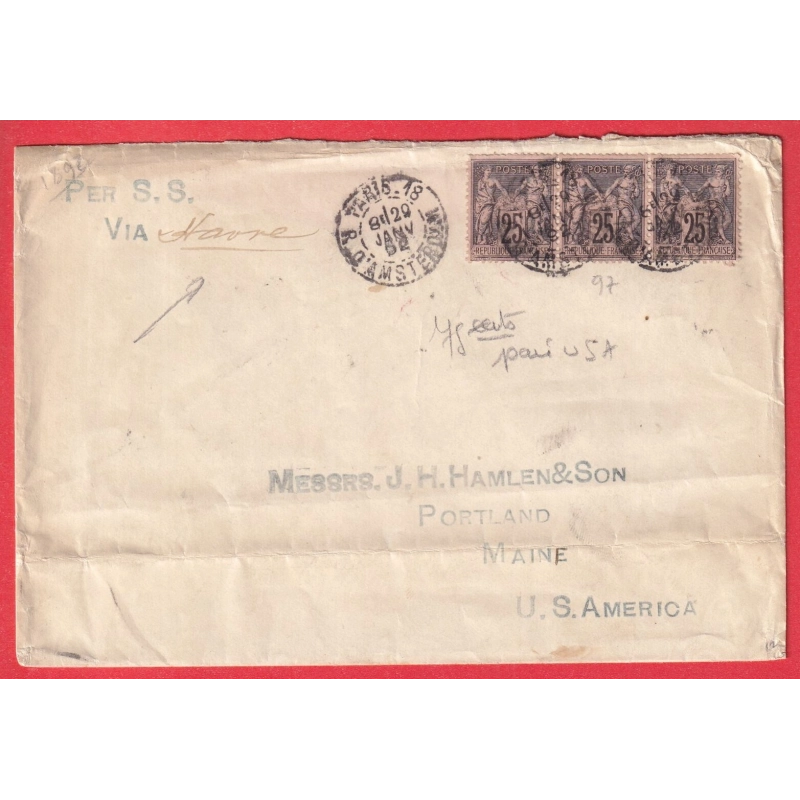 N°97 BANDE DE 3 PARIS 18 R D'AMSTERDAM 1892 TRIPLE PORT PORTLAND MAINE USA