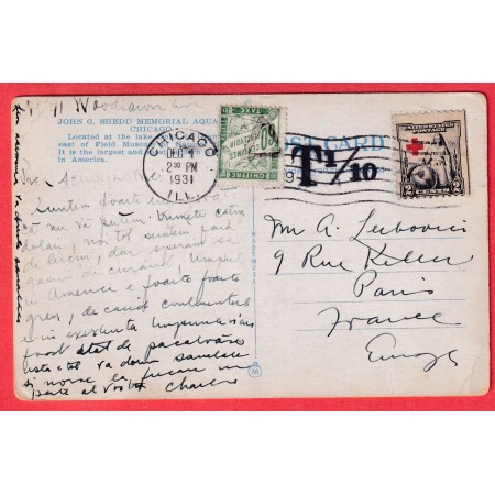 ETATS UNIS USA CROIX ROUGE CHICAGO ILLINOIS 1931 TAXE TYPE DUVAL 60C VERT PARIS