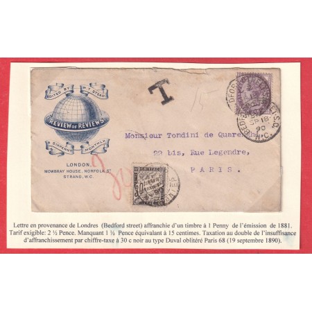 GRANDE BRETAGNE N°73 BEDFORD STREET LONDRES 1890 TAXE 30C NOIR TYPE DUVAL POUR PARIS