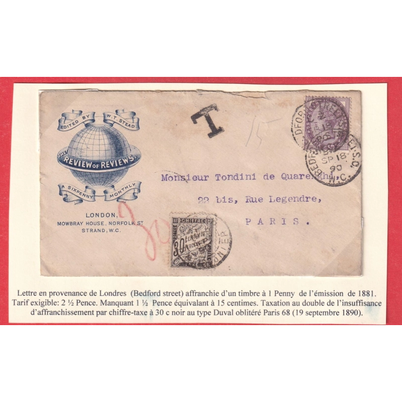 GRANDE BRETAGNE N°73 BEDFORD STREET LONDRES 1890 TAXE 30C NOIR TYPE DUVAL POUR PARIS