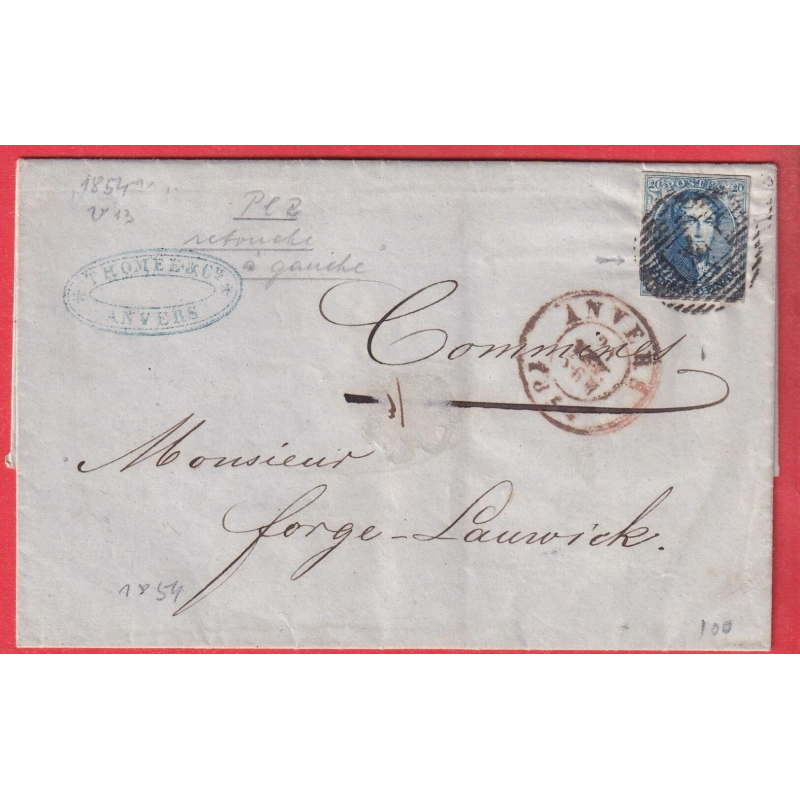 BELGIQUE N°4 ANVERS BELGIQUE 1854 POUR COMINES