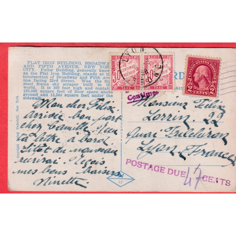 ETAS UNIS NEW YORK 1828 TAXE 60C 2 30C  ROUGE TYPE DUVAL LYON RHONE