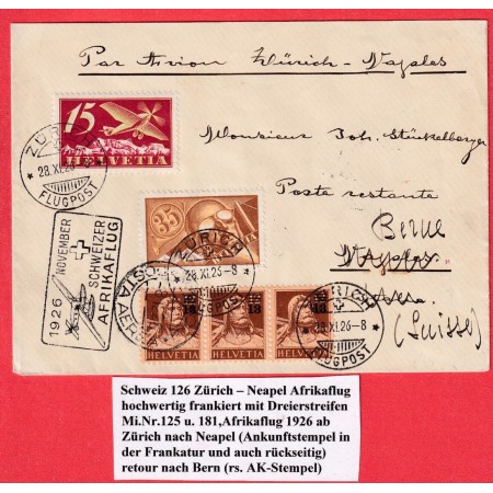 SUISSE N° 146 X3 PA N°3 + 6 PREMIER VOL ZURICH NAPLES NAPOLI REEXPEDIE BERN