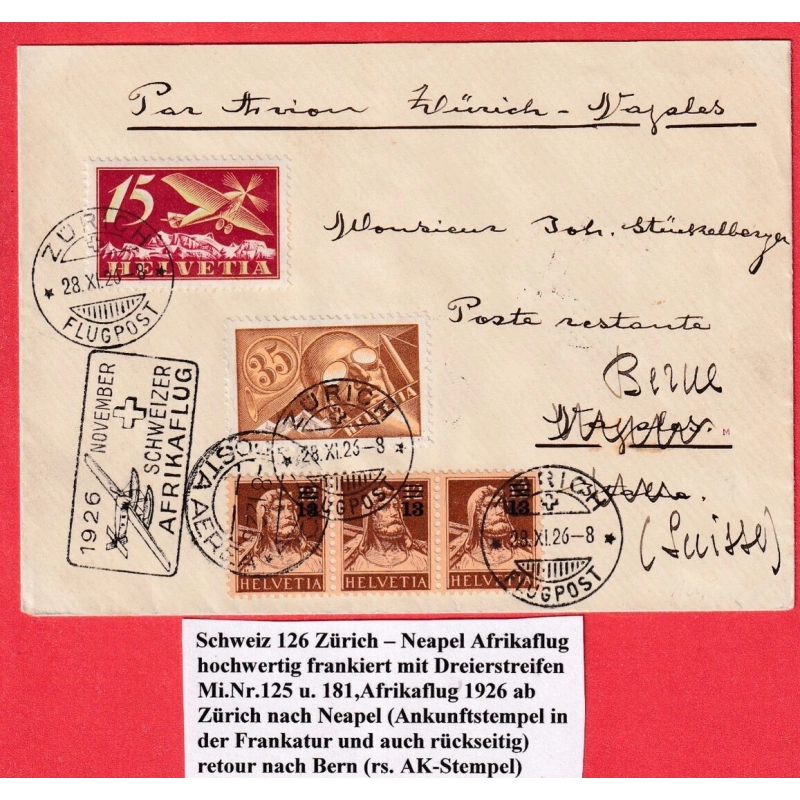 SUISSE N° 146 X3 PA N°3 + 6 PREMIER VOL ZURICH NAPLES NAPOLI REEXPEDIE BERN