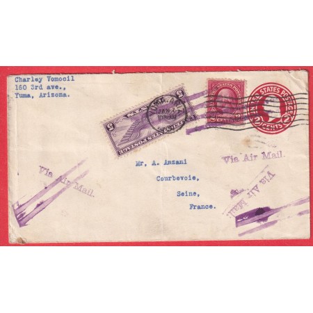 USA ETATS UNIS AMERIQUE ENTIER + TP YUMA ARIZONA 1931 COURBEVOIE SEINE FRANCE VIA AIR MAIL