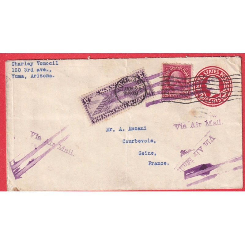 USA ETATS UNIS AMERIQUE ENTIER + TP YUMA ARIZONA 1931 COURBEVOIE SEINE FRANCE VIA AIR MAIL