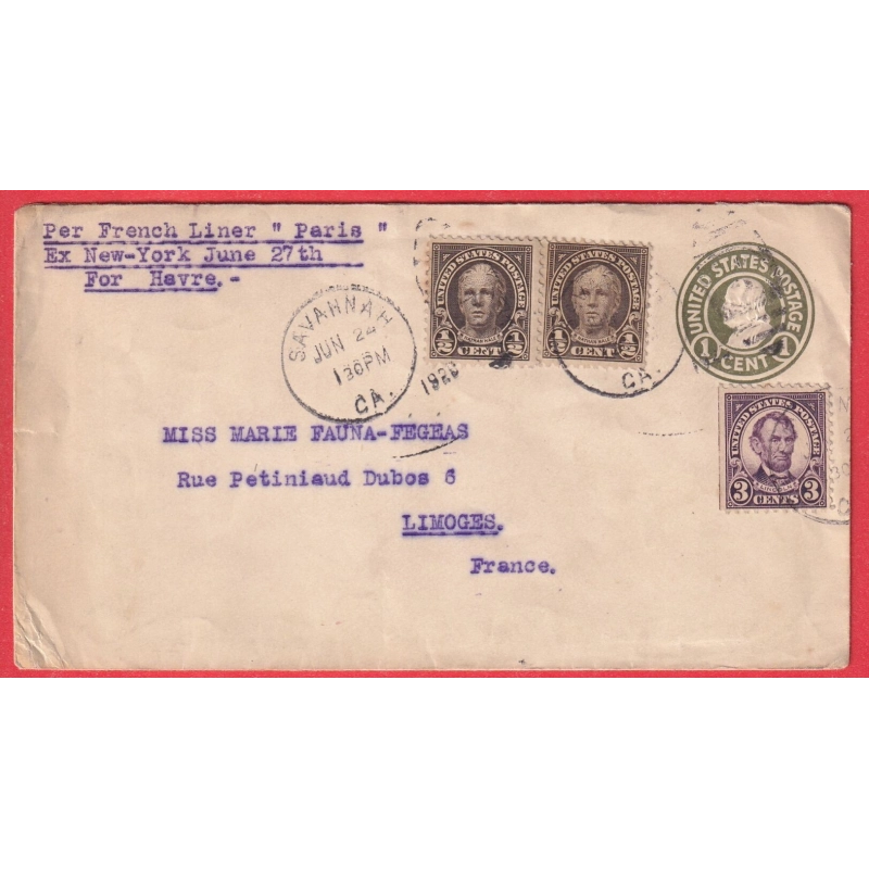 USA ETATS UNIS AMERIQUE ENTIER + TP SAVANNAH CALIFORNIA 1925 LIMOGES HAUTE VIENNE FRANCE