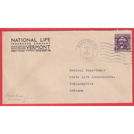 USA PREOBLITERE MONTPELLIER VERMONT SUR LETTRE DE 1937 INDIANAPOLIS INDIANA