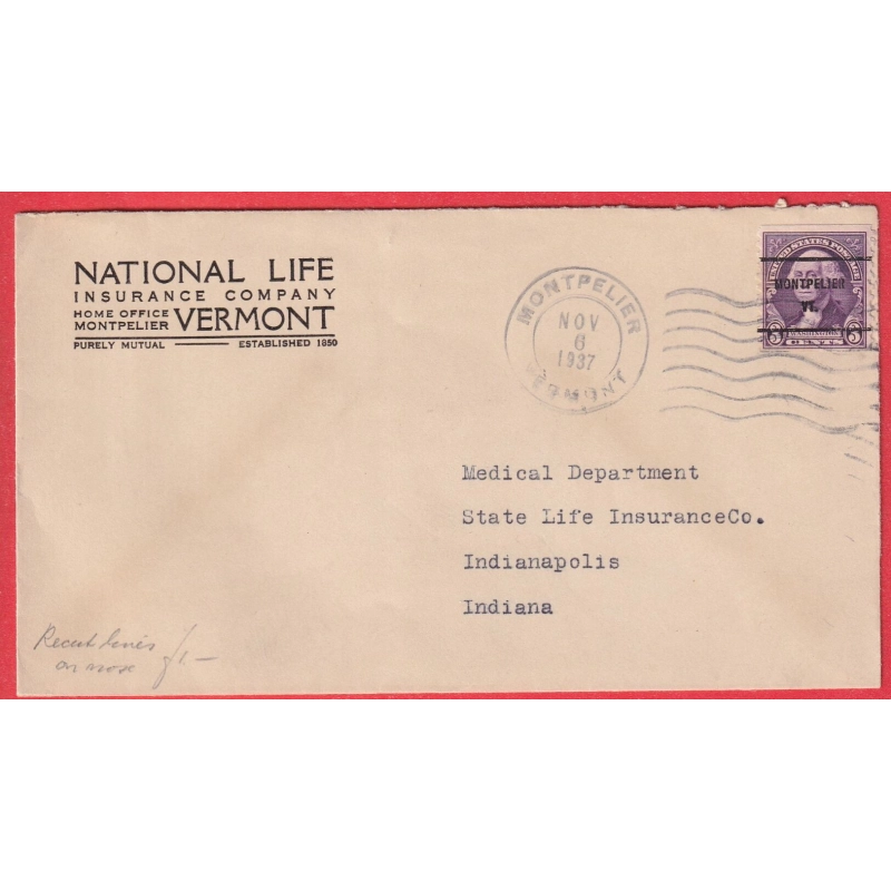 USA PREOBLITERE MONTPELLIER VERMONT SUR LETTRE DE 1937 INDIANAPOLIS INDIANA