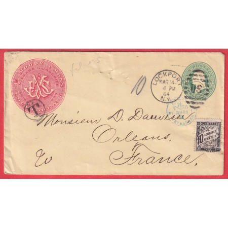 ENTIER ILLUSTRE 3 CENTS VERT LOCKPORT NEW YORK 1884 TAXE 10C NOIR TUPE DUVAL ORLEANS LOIRET