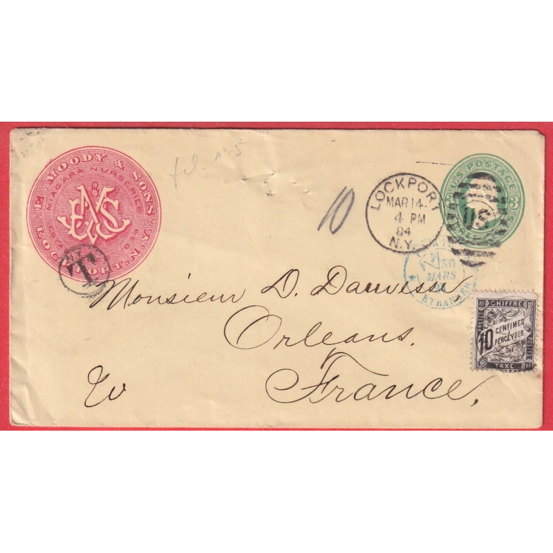 ENTIER ILLUSTRE 3 CENTS VERT LOCKPORT NEW YORK 1884 TAXE 10C NOIR TUPE DUVAL ORLEANS LOIRET