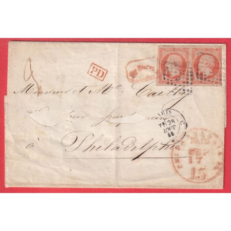 N°16 PAIRE PARIS BUREAU C  1858 PHILADELPHIE ETATS UNIS AMERIQUE USA FAIRE PART DE MARIAGE