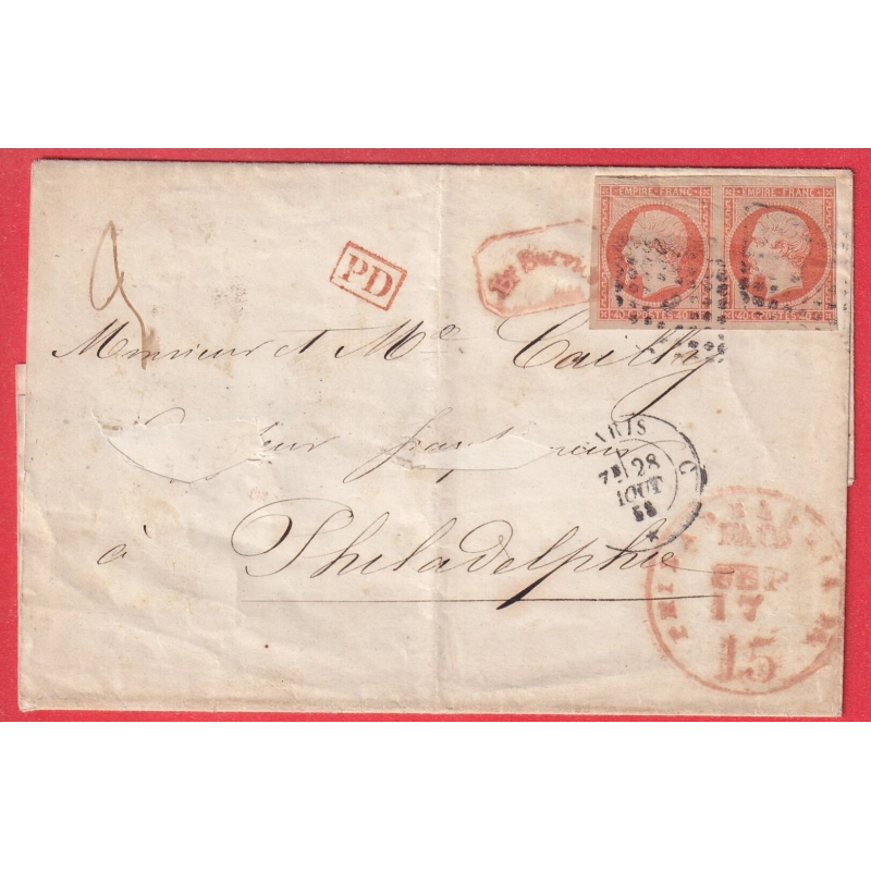 N°16 PAIRE PARIS BUREAU C  1858 PHILADELPHIE ETATS UNIS AMERIQUE USA FAIRE PART DE MARIAGE