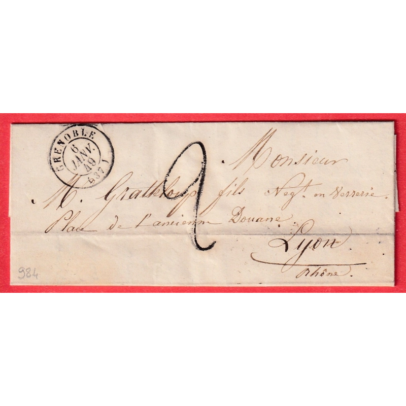 CAD GRENOBLE ISERE DU 6 JANVIER 1849 TAXE TAMPON 2 POUR LYON