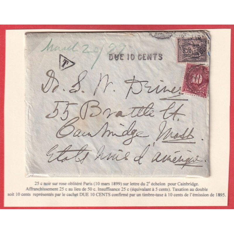 N°97 TYPE SAGE PARIS 1899 TAXE 10 CENTS ETATS UNIS MASSACHUSETTS USA