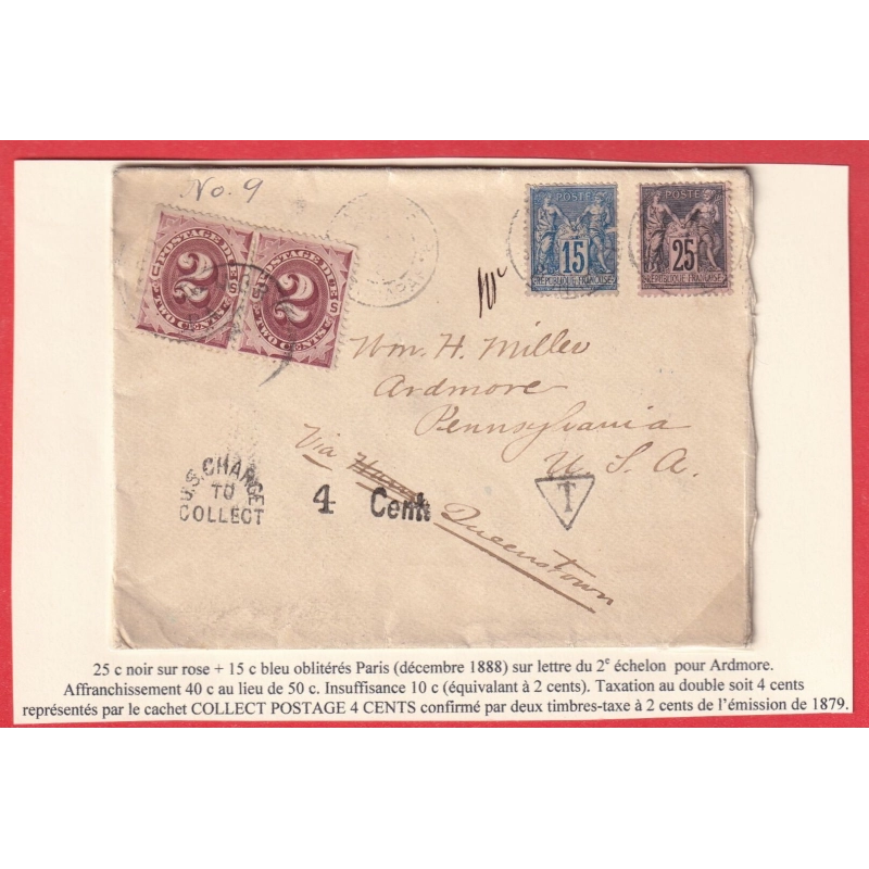 N°90 97 PARIS 1888 TYPE SAGE ARDMORE PENNSYLVANIA TAXE 4C ETATS UNIS AMERIQUE USA US TAXE TO COLLECT