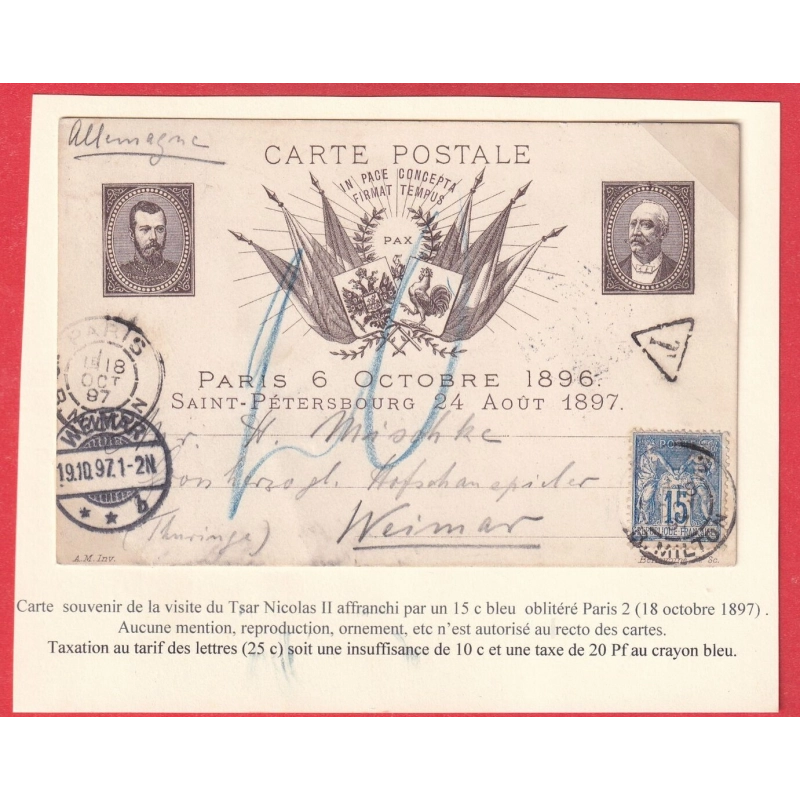 N°90 PARIS 1897 CARTE SOUVENIR VISITE TSAR DE RUSSIE  WEIMAR ALLEMAGNE TAXE 20PF AU CRAYON BLEU