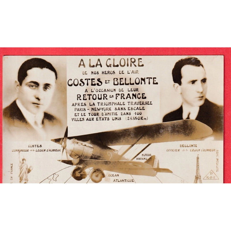 CARTE POSTALE A LA GLOIRE DE COSTES ET BELLONTE NEW YORK PARIS AVION POINT INTERROGATION