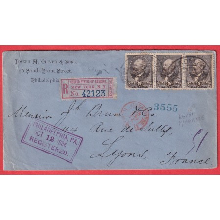 ETATS UNIS USA N°62 BANDE DE TROIS RECOMMANDE PHILADELPHIA 1886 LYON RHONE FRANCE