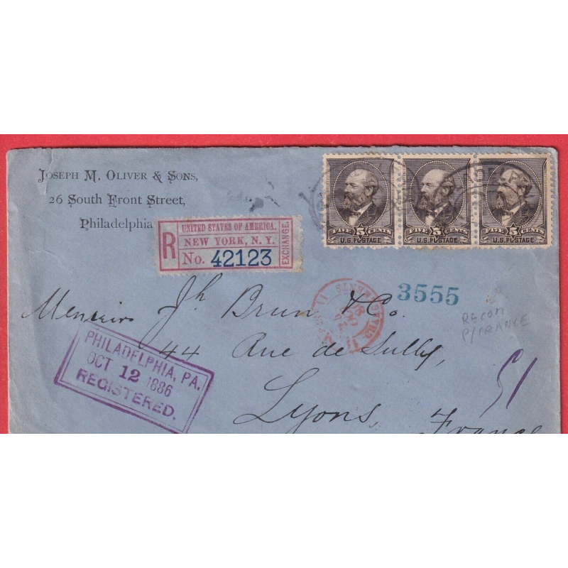 ETATS UNIS USA N°62 BANDE DE TROIS RECOMMANDE PHILADELPHIA 1886 LYON RHONE FRANCE