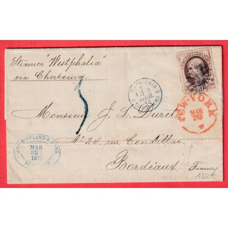 RARE TAXE 5 TAMPON EN BLEU ETATS UNIS USA N°44 NEW YORK 1878 BORDEAUX GIRONDE FRANCE
