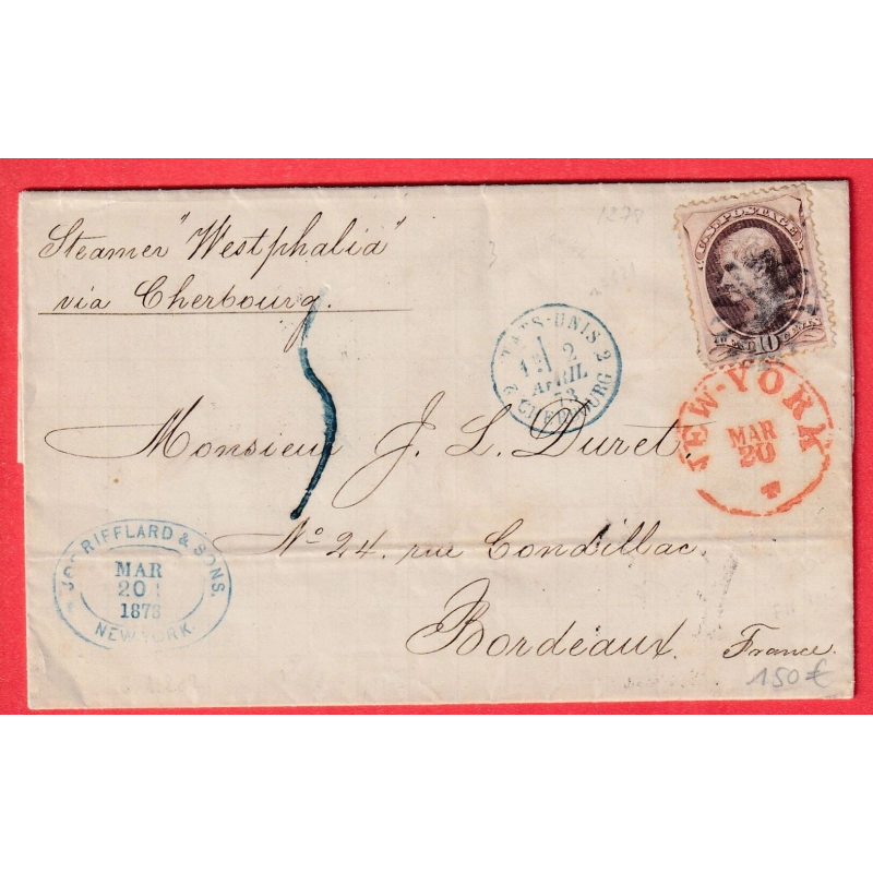 RARE TAXE 5 TAMPON EN BLEU ETATS UNIS USA N°44 NEW YORK 1878 BORDEAUX GIRONDE FRANCE