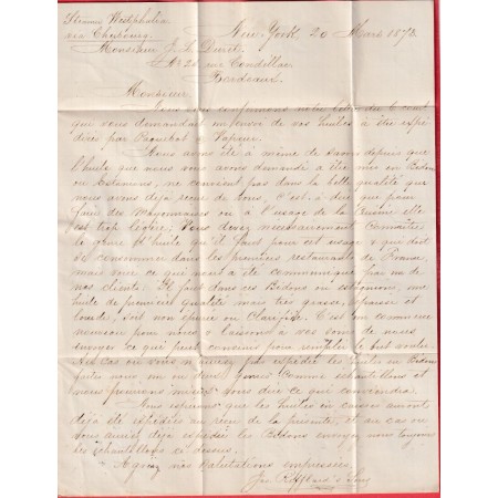 RARE TAXE 5 TAMPON EN BLEU ETATS UNIS USA N°44 NEW YORK 1878 BORDEAUX GIRONDE FRANCE