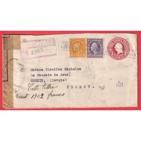 WW1 CENSURE CENSOR ENTIER ETATS UNIS RECOMMANDE POUR COGNIN SAVOIE 1918