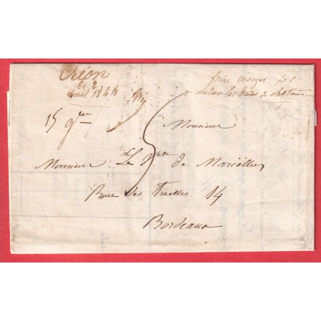 MARQUE MANUSCRIT DE CREON GIRONDE POUR BORDEAUX 1844 RARE NON SIGNALE