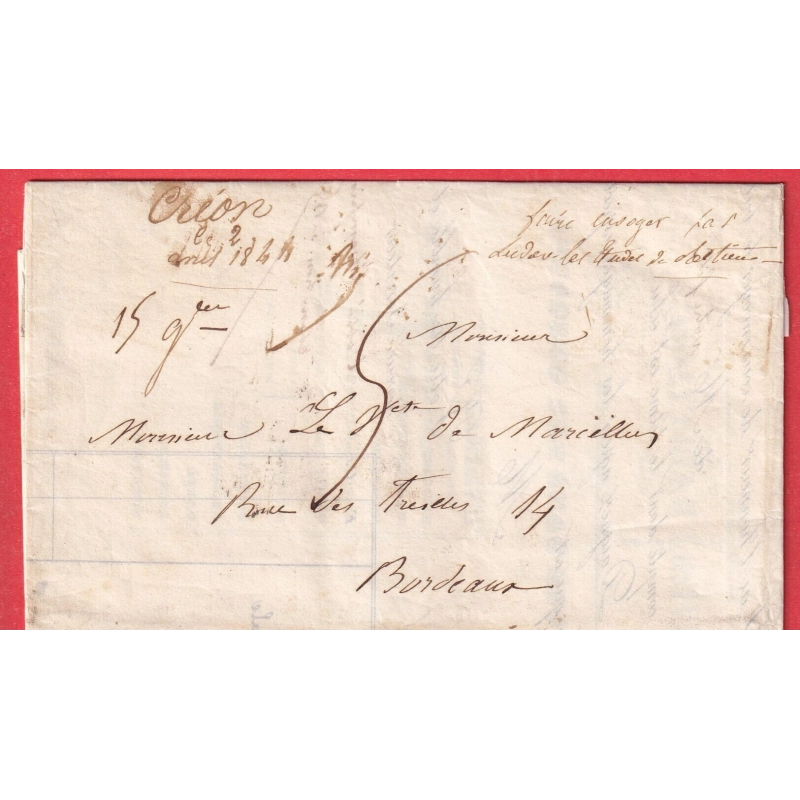 MARQUE MANUSCRIT DE CREON GIRONDE POUR BORDEAUX 1844 RARE NON SIGNALE