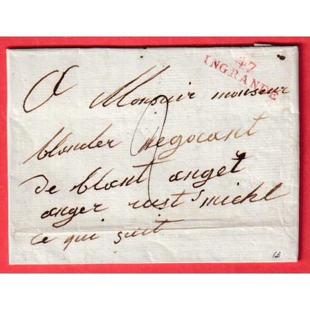 MARQUE 47 INGRANDE MAINE ET LOIRE EN ROUGE 31 X9 INDICE 13 1813 AU DOS CACHET ARRIVE ESSAI ANGERS