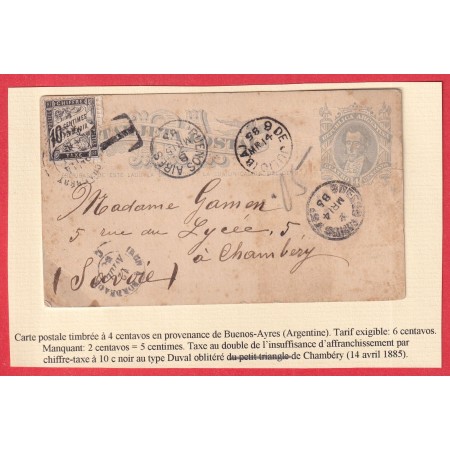 ENTIER ARGENTINE BUENOS AIRES ARGENTINE ARGENTINA 1885 CHAMBERY TAXE 10C NOIR TYPE DUVAL