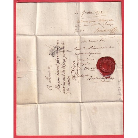 MARQUE P COURONNE PARIS JUILLET 1772 POUR DIJON LN°8 INDICE 12 BEAU CACHET DE CIRE